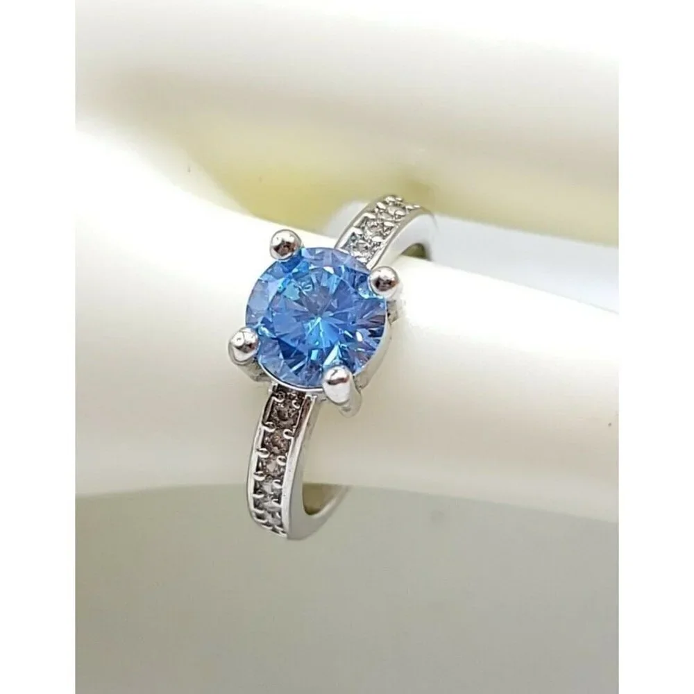 Silver Plated Blue Aquamarine Clear Rhinestone Cocktail Ring Size 5